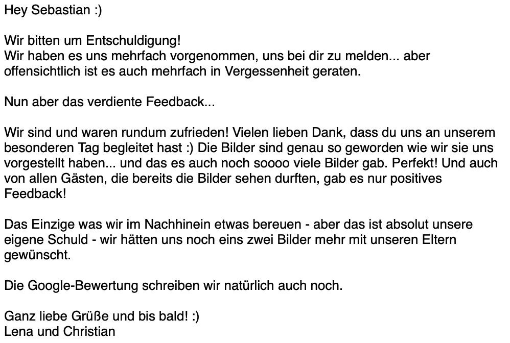 Dankesnachricht von Lena und Christian: rundum zufrieden, so viele Bilder, perfekt