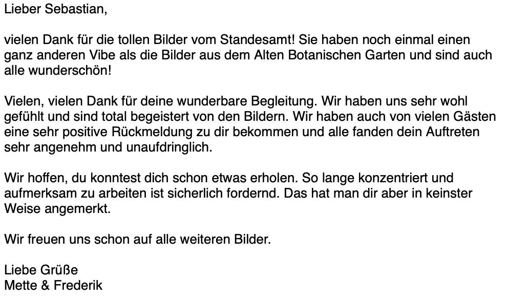 Nachricht von Mette und Frederik über die Bilder vom Standesamt und aus dem Alten Botanischen Garten
