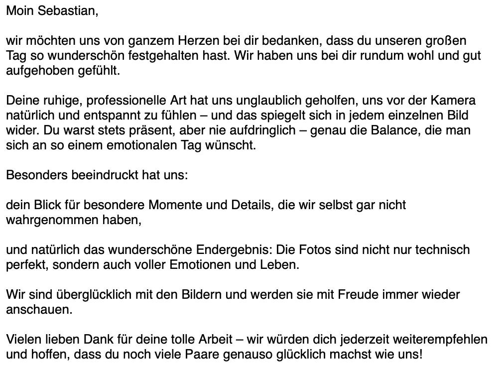 Ausführliche Dankesnachricht: ruhige, professionelle Art, nie aufdringlich