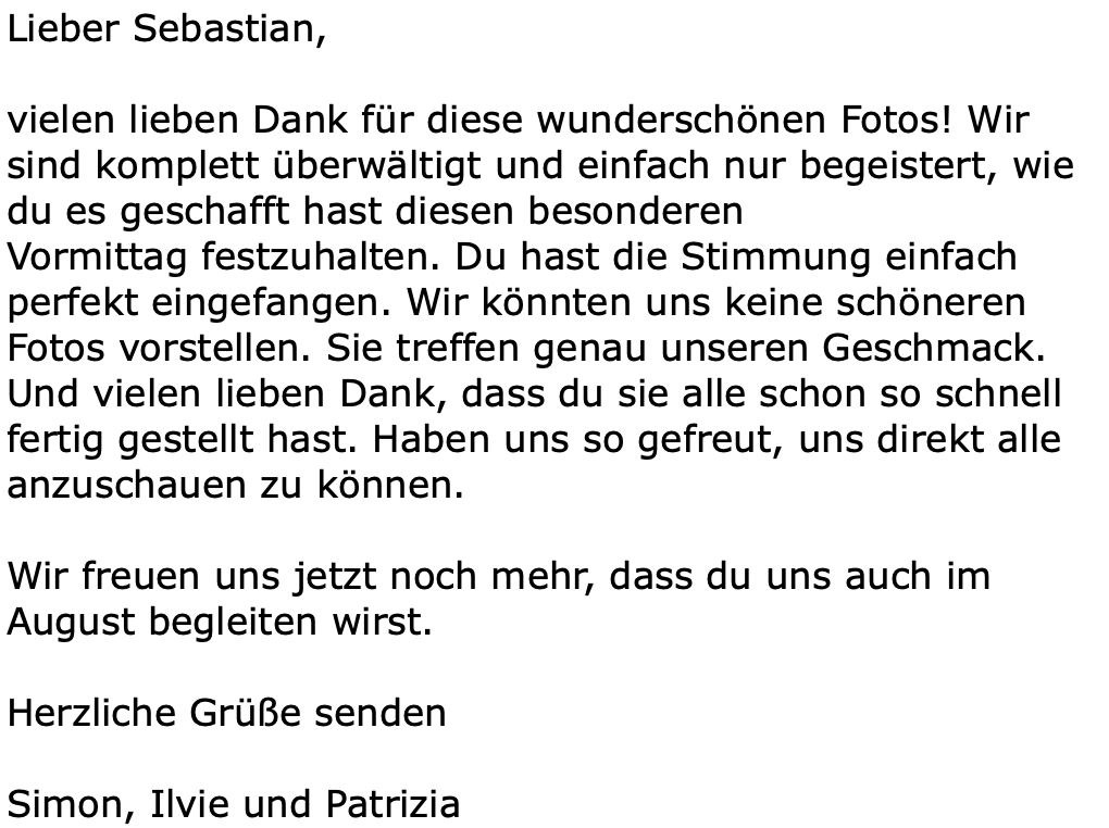 Dankesnachricht von Simon, Ilvie und Patrizia: Stimmung perfekt eingefangen