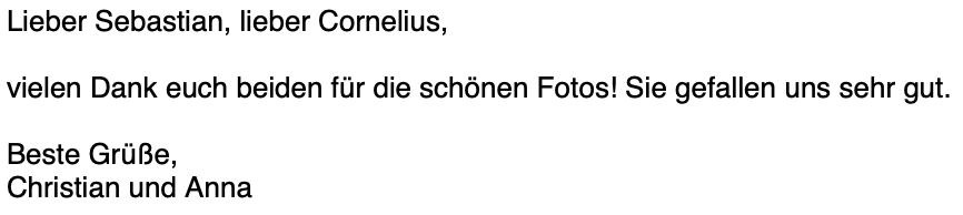 Dankesnachricht von Christian und Anna an Sebastian und Second Shooter Cornelius