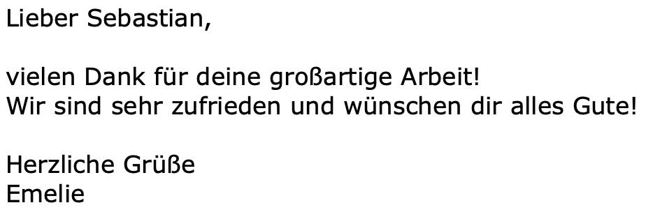 Kurze Dankesnachricht von Emelie: vielen Dank für deine großartige Arbeit